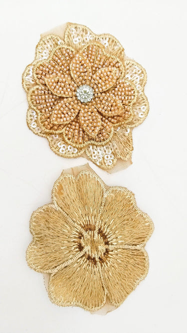 Brown Hand Embroidered Floral Applique With Beads, Crochet Cut Dana Applique, Beaded Flower Motifs